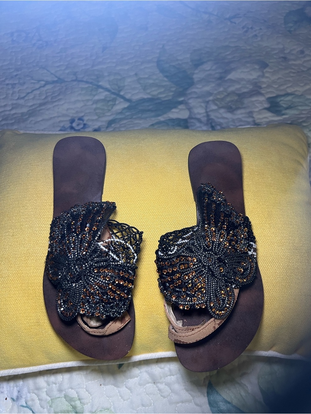 Beaded Black Floral Slide Sandals for Women